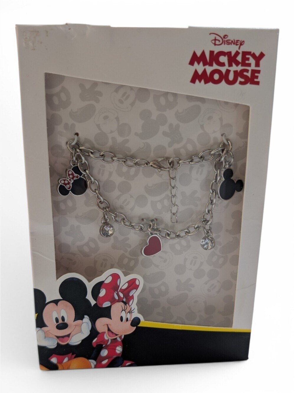 Disney Mickey Minnie Charm Bracelet NIP Silver Tone Rhinestone Adjustable